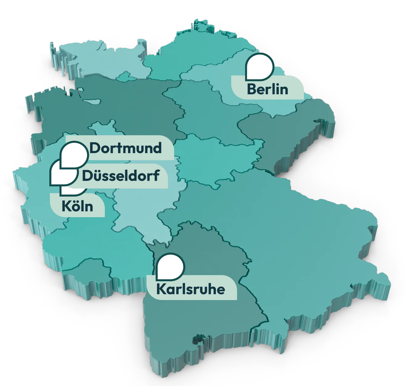 Deutschlandkarte mit markierten Umschulungsstandorten in Berlin, Bielefeld, Dortmund, Düsseldorf, Köln, Stuttgart, Nürnberg, Augsburg und München.