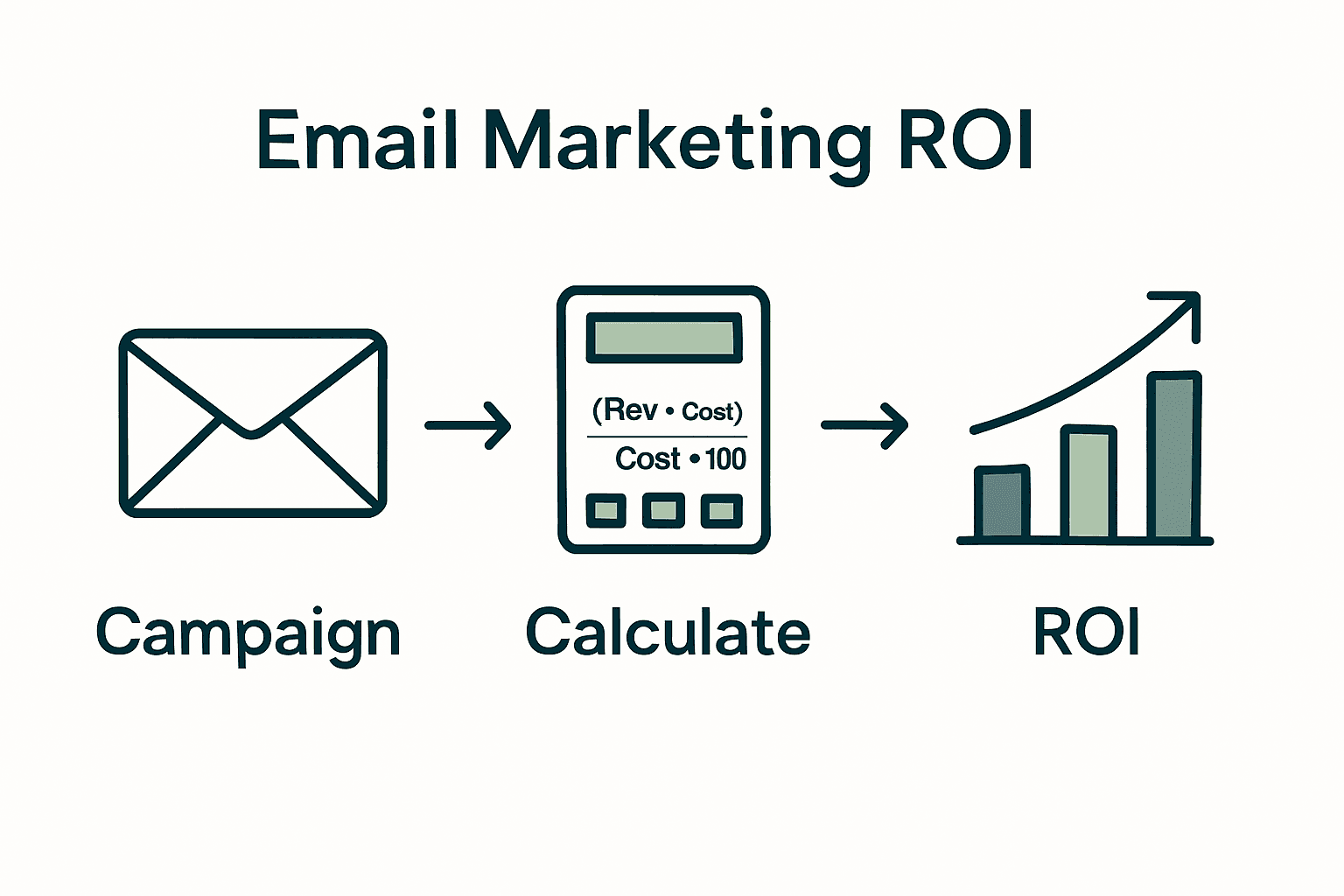 Infographic showing three-step process for measuring email marketing ROI: campaign, calculation, and results.