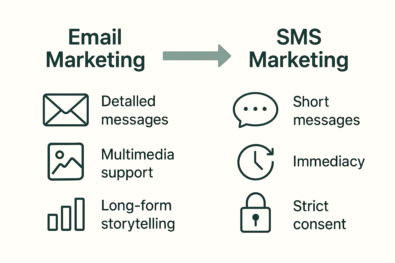 Infographic comparing key differences of email versus SMS marketing.