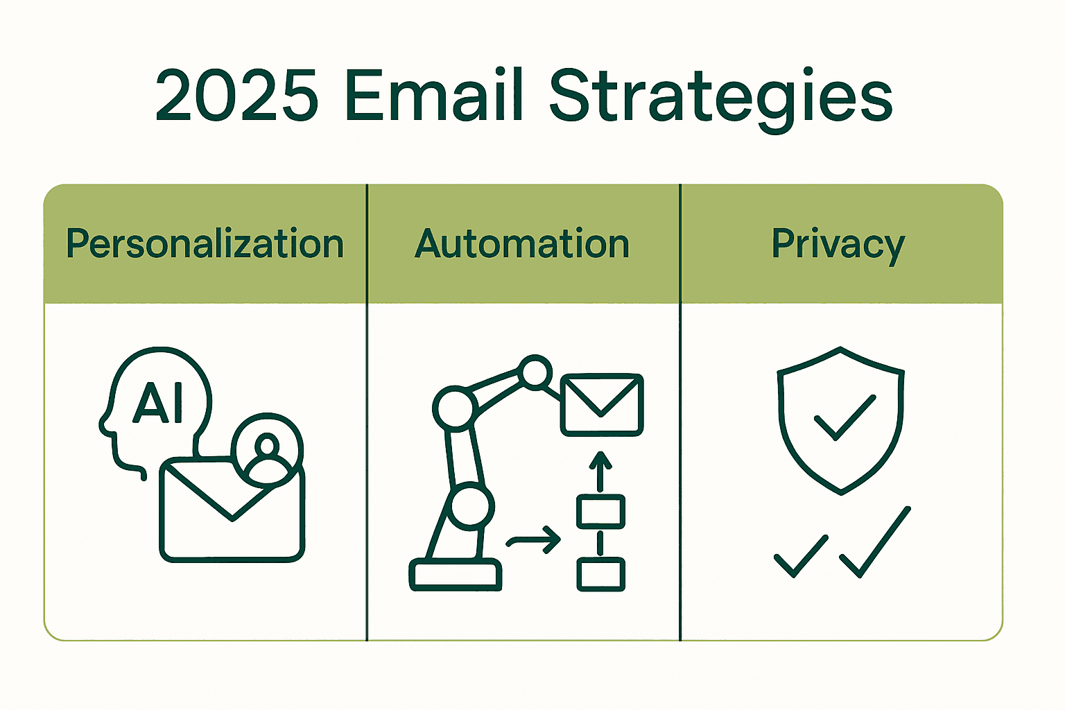Infographic comparing email personalization, automation, and privacy trends for 2025.