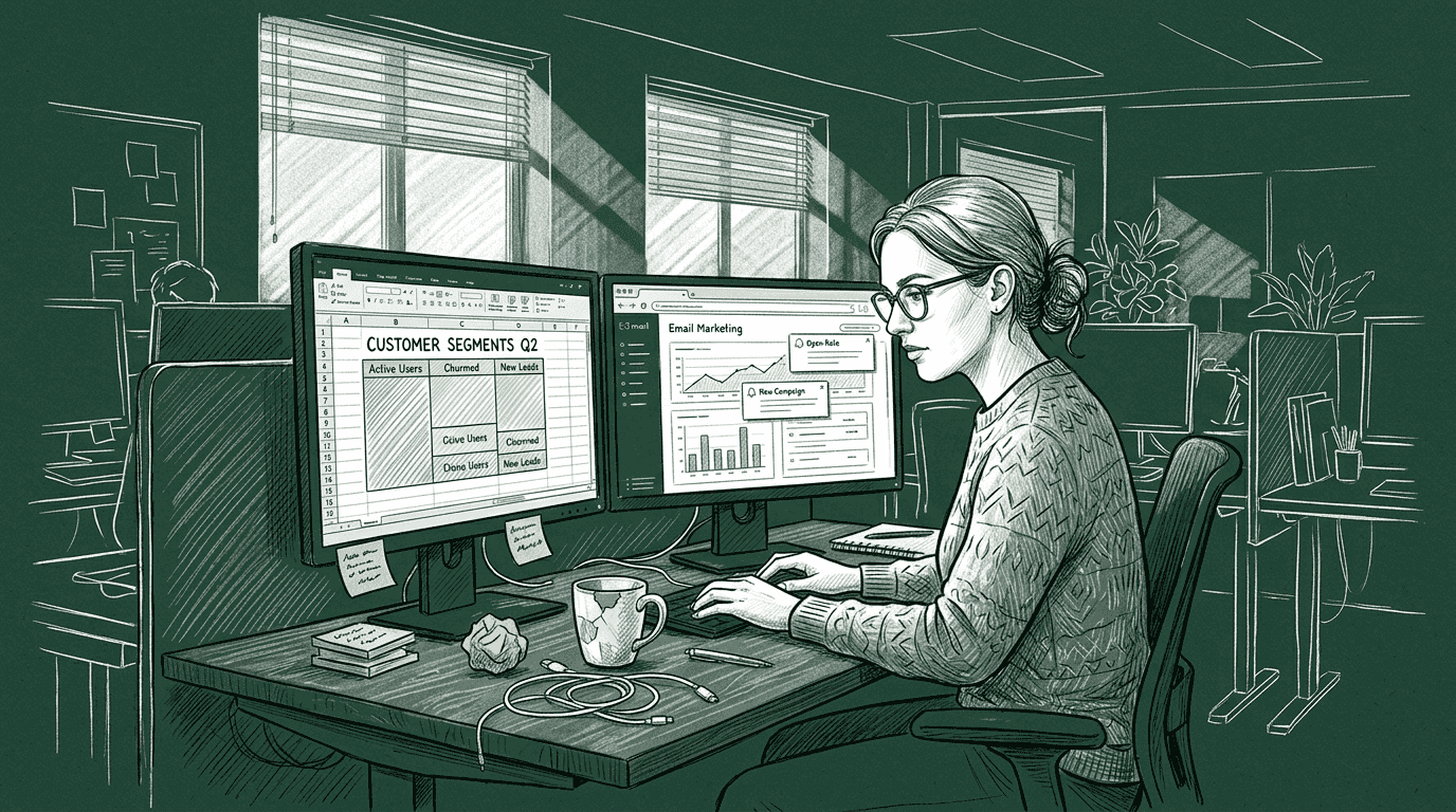 Analyst sorting customer data at workstation