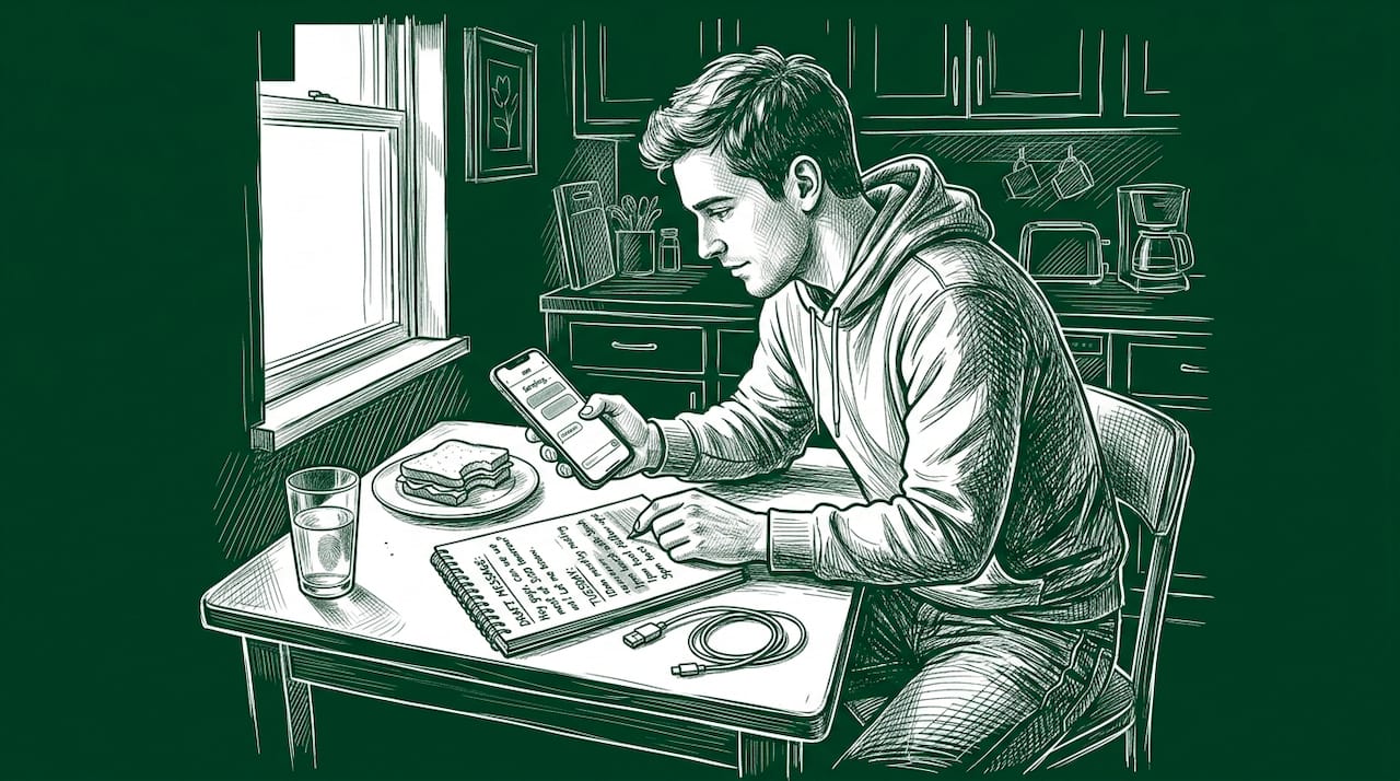 Man composing SMS campaign message at kitchen table