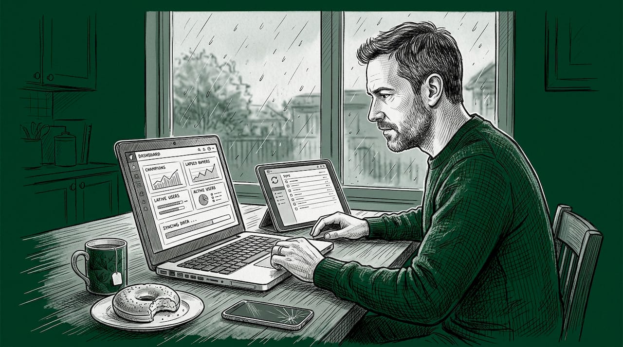 Person syncing ecommerce email platforms at kitchen table