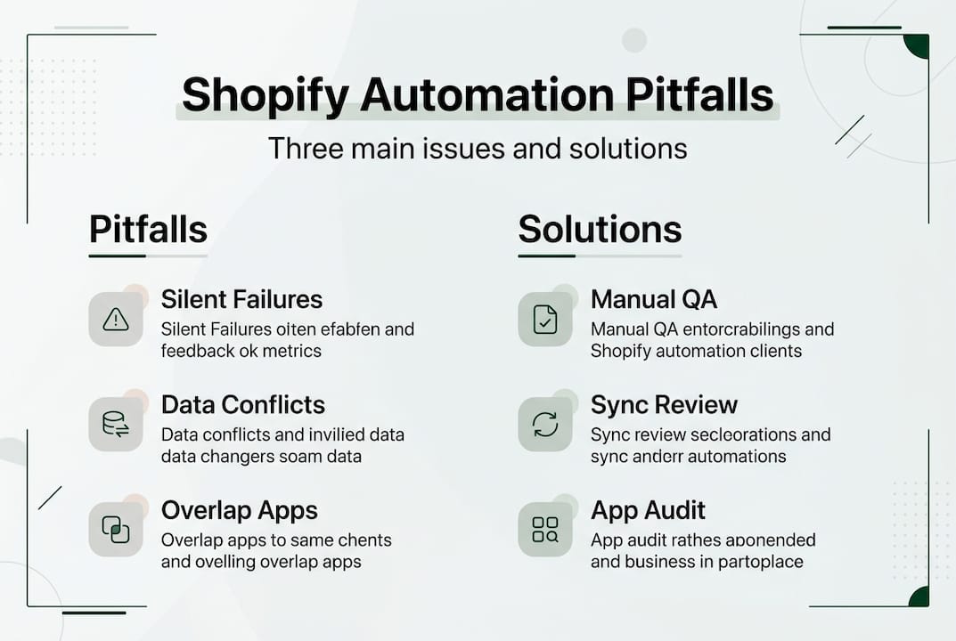 Infographic showing Shopify automation pitfalls and solutions