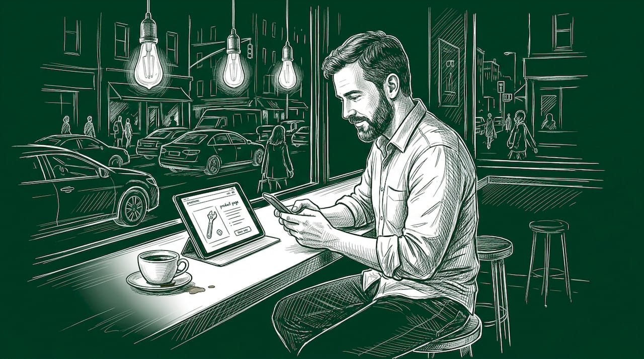 Man types ecommerce sms at café counter