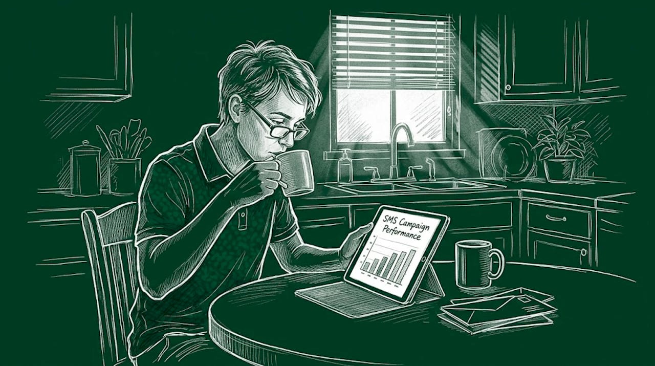 Business owner examining SMS marketing analytics
