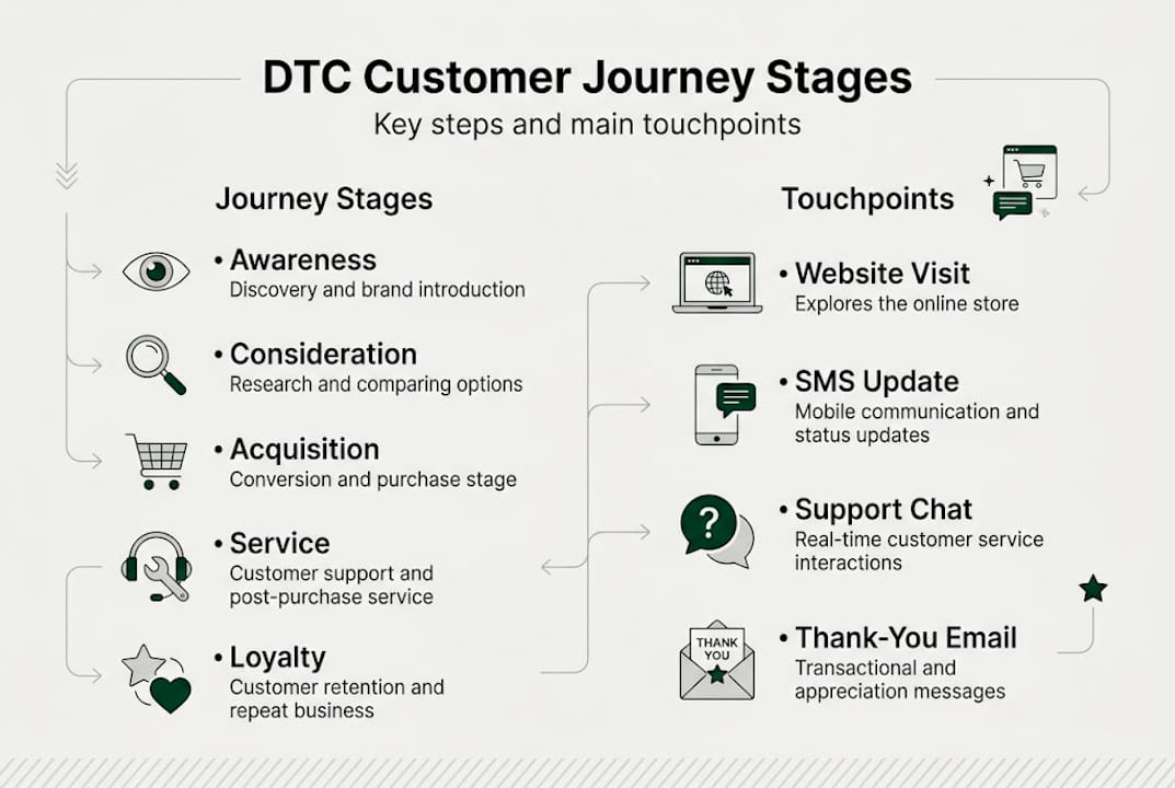 Infographic of DTC journey stages and touchpoints