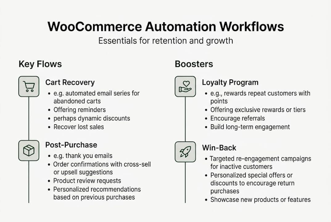 Infographic showing WooCommerce automation workflows