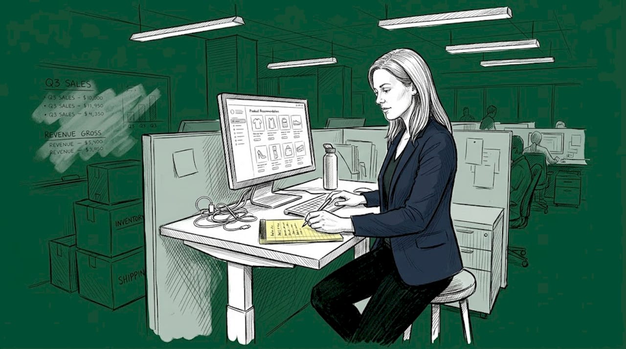 Woman reviewing AI product recommendations at desk