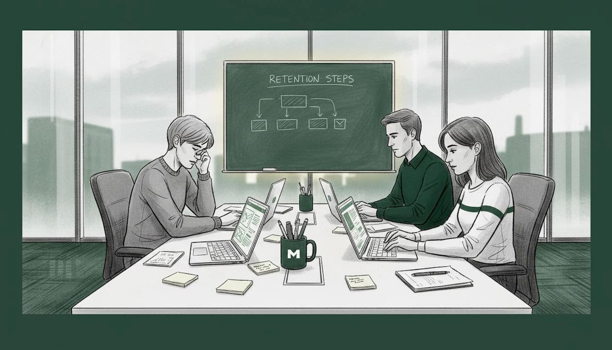 Marketing team reviewing retention workflow