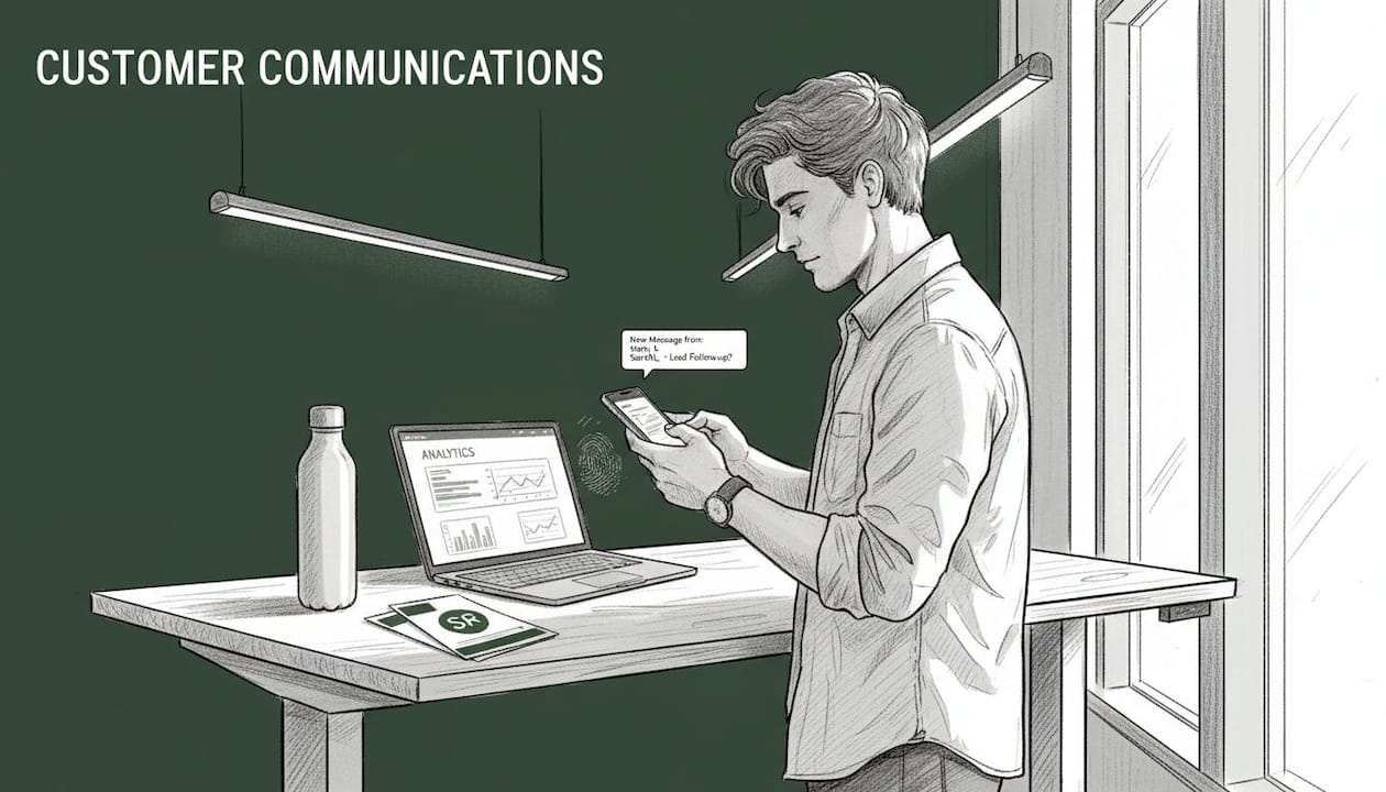 Man receives triggered SMS notification at desk