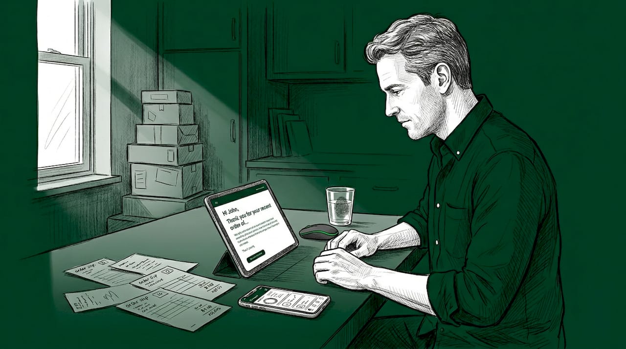Man creating personalized ecommerce email at table