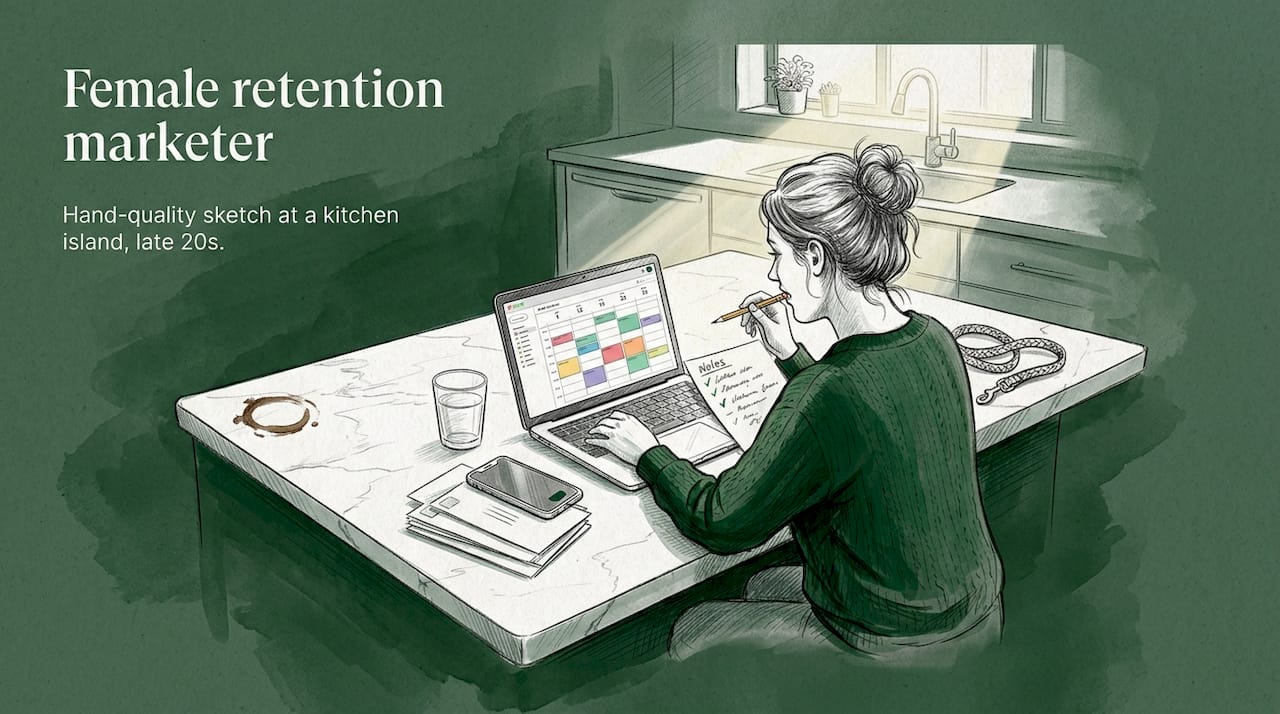 Marketer auditing email campaign calendar at kitchen island