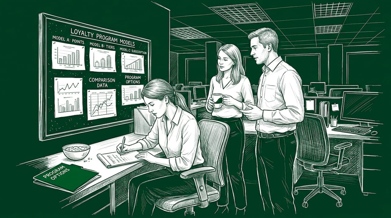 Coworkers reviewing loyalty program comparison charts