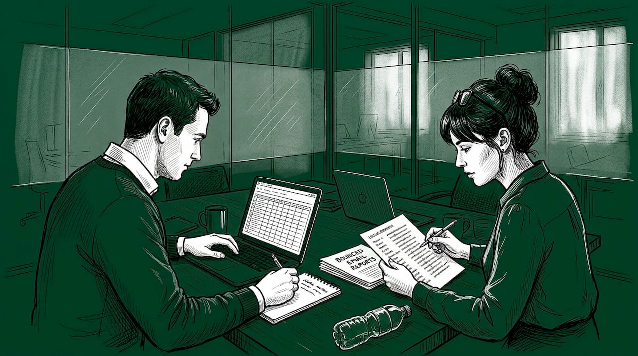 Colleagues reviewing email list quality reports
