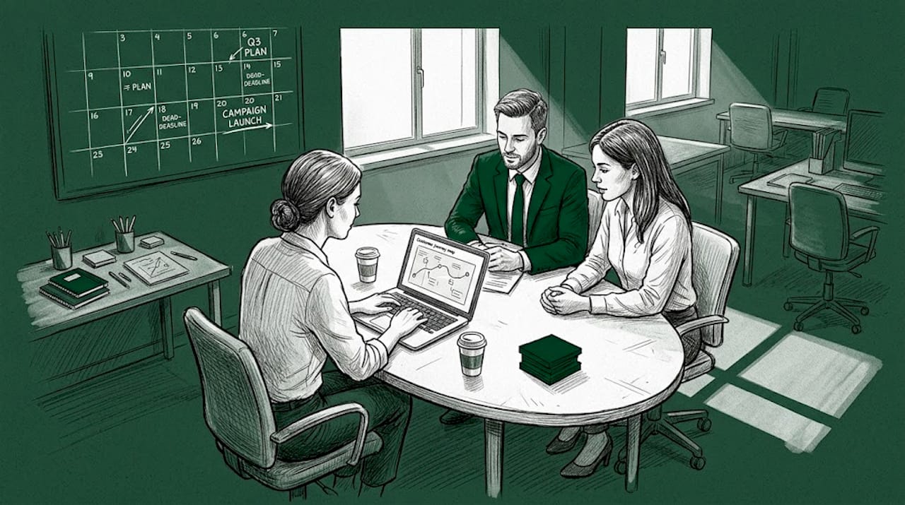 Marketing team plans customer journey in workspace