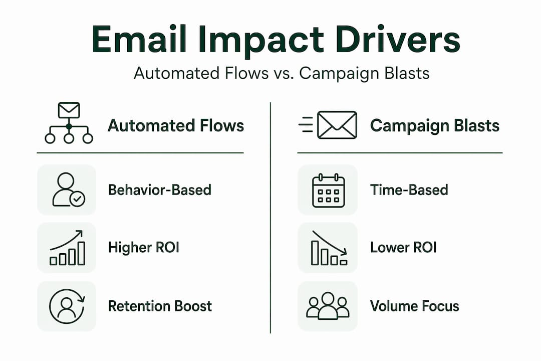 Infographic comparing automated email flows and campaign blasts