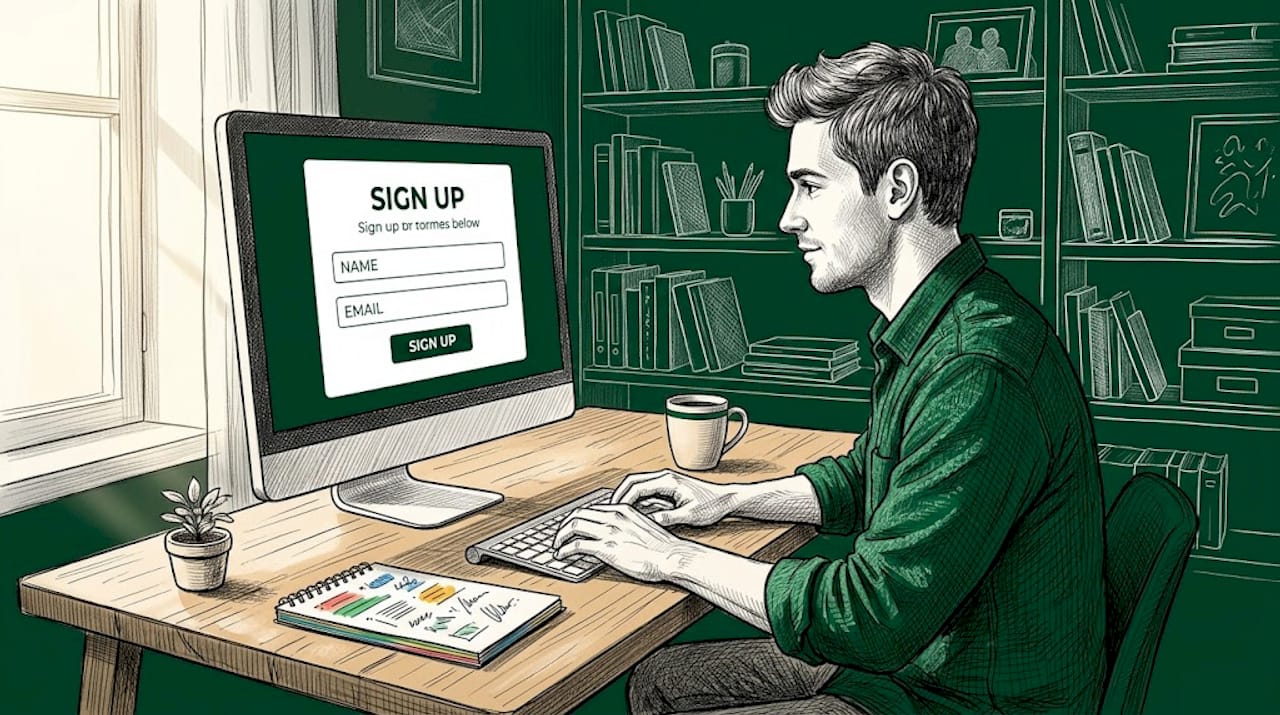 Man signing up for newsletter in home office
