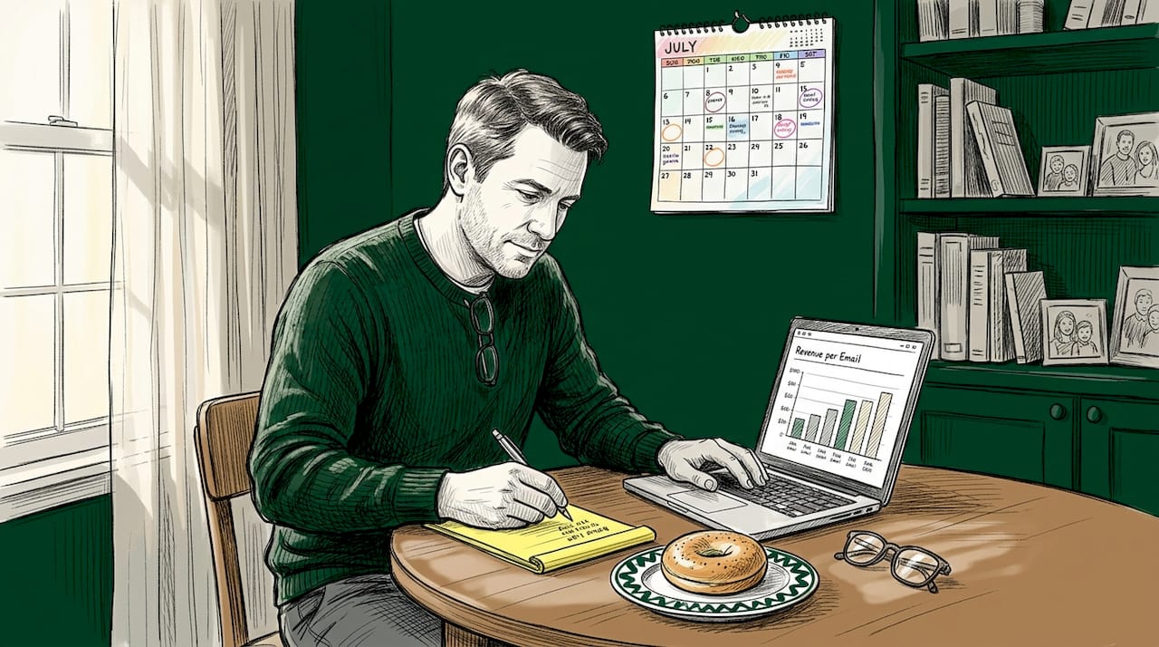 Man calculating revenue per email at kitchen table
