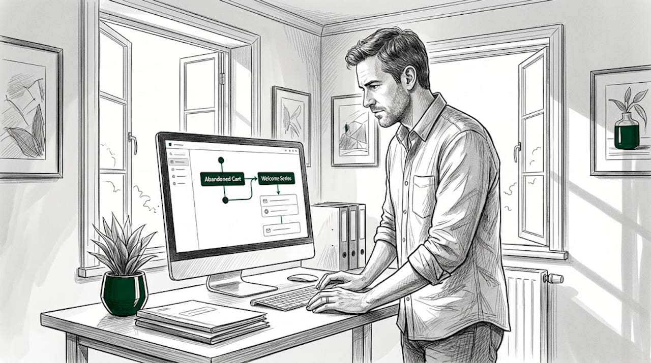 Man managing automated email workflow at home desk