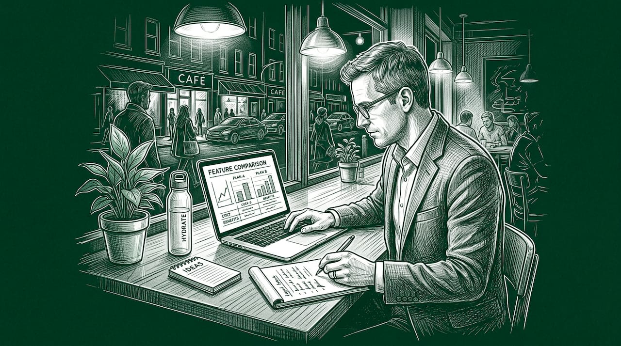 Professional compares CRM platforms at desk