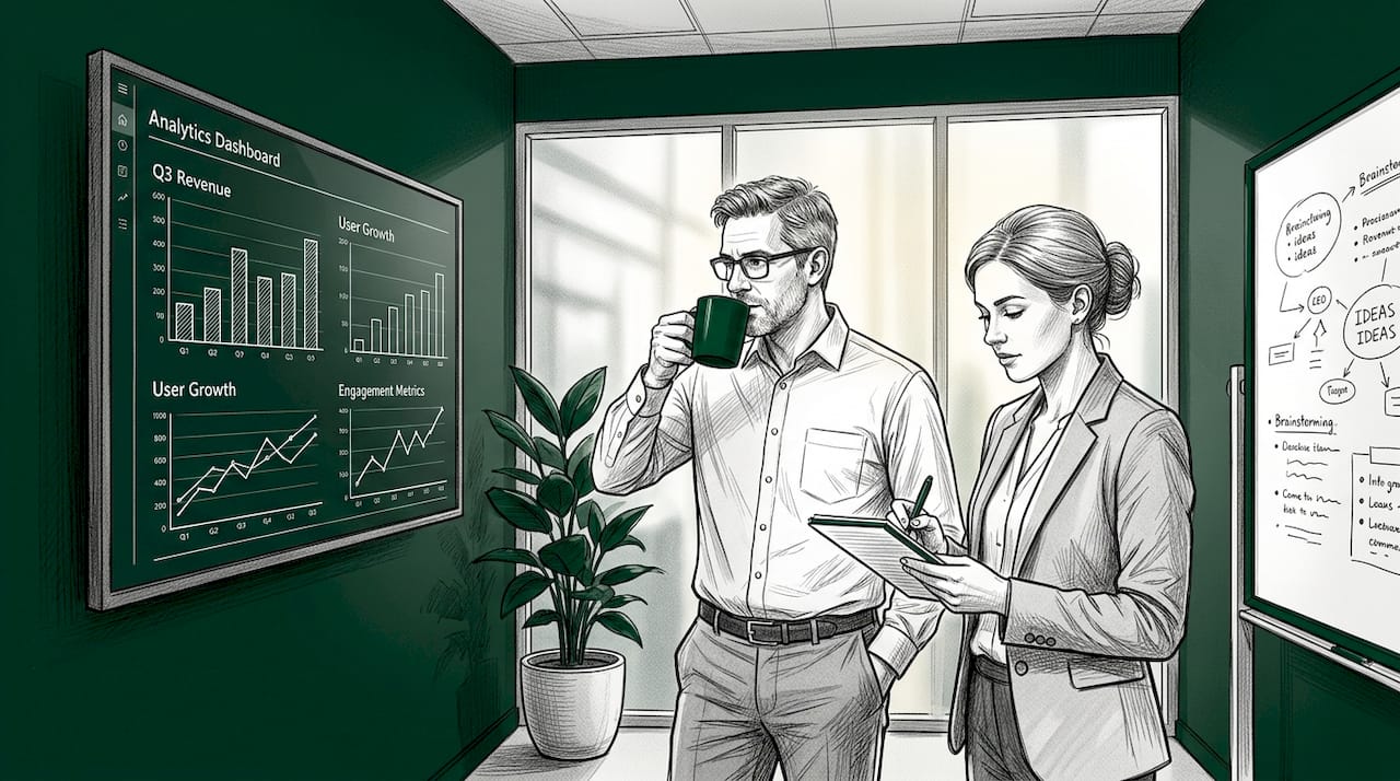 Colleagues examine marketing automation analytics report