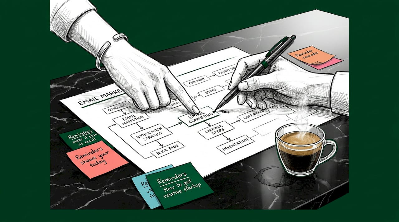 Hand pointing at email marketing flowchart on table
