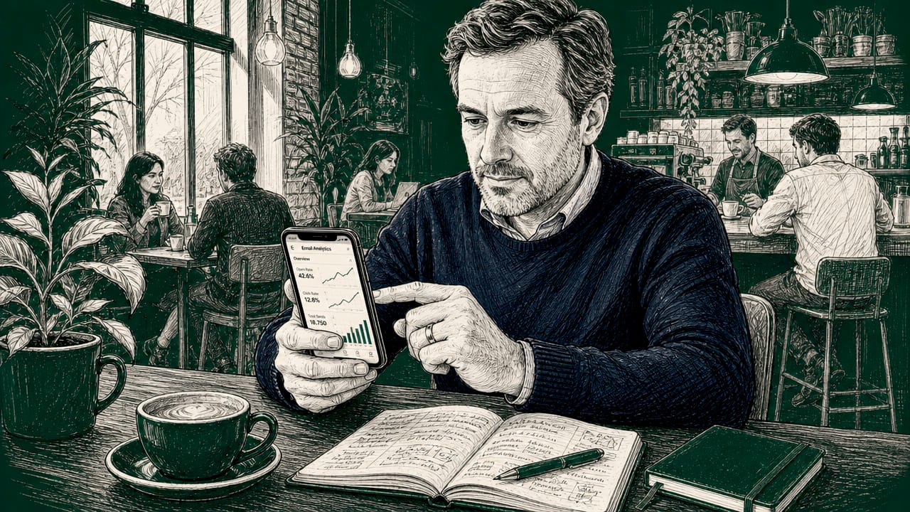 Hands scrolling email metrics on smartphone