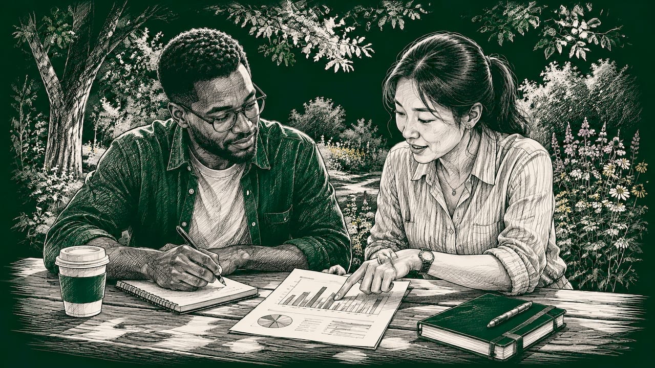 Two coworkers discussing activation data at café table
