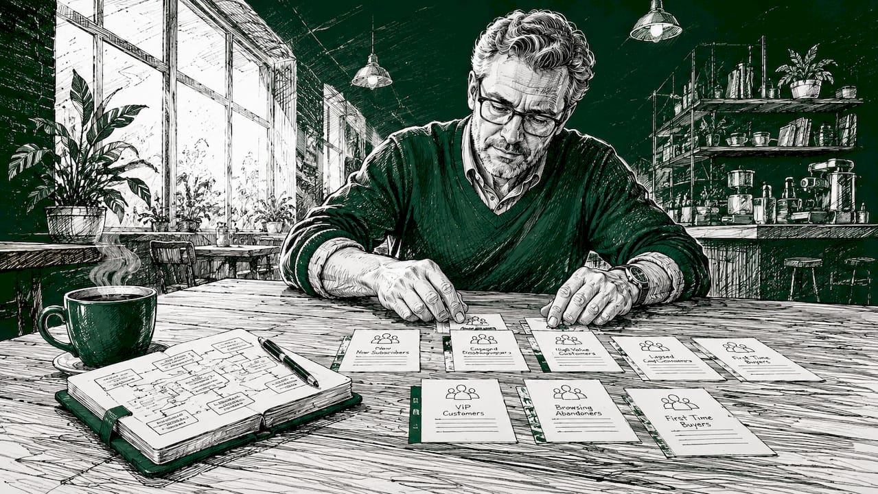 Hands arranging segmentation cards on table