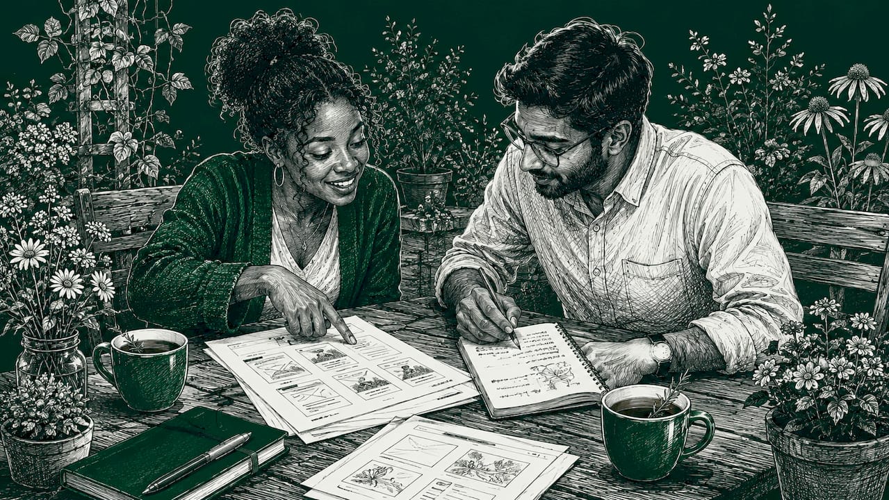 Two marketers discussing email storyboards