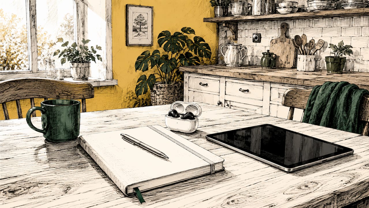 Overhead view of clean office desk with email setup tools