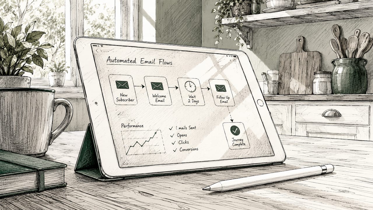 Tablet and stylus on green surface for email flows