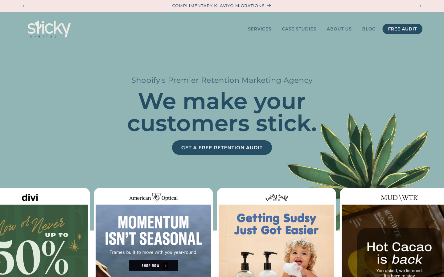 Sticky Digital: a female-founded retention boutique running Attentive, Postscript, and Klaviyo SMS. Captured from stickydigital.io.