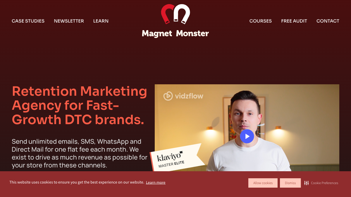Magnet Monster: one flat monthly fee across email, SMS, WhatsApp, and direct mail.