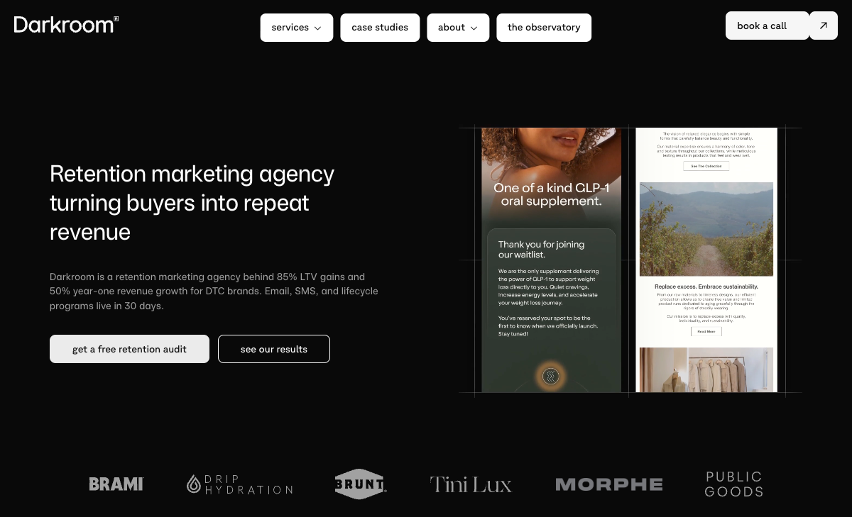 Darkroom: a full-service agency with a retention service line, listed by Klaviyo at Platinum Master.