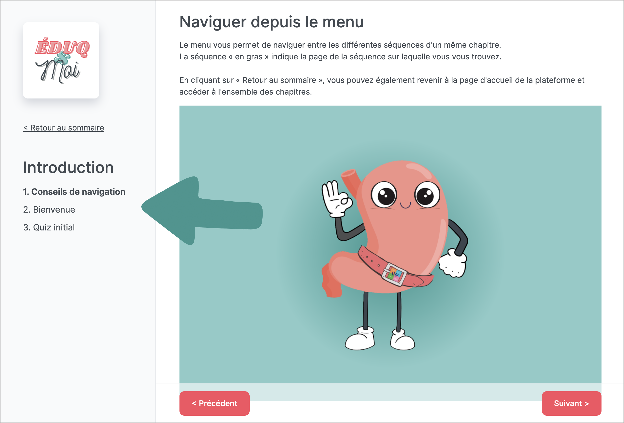 Capture d'écran avec conseils de navigation sur la plateforme Eduq&moi