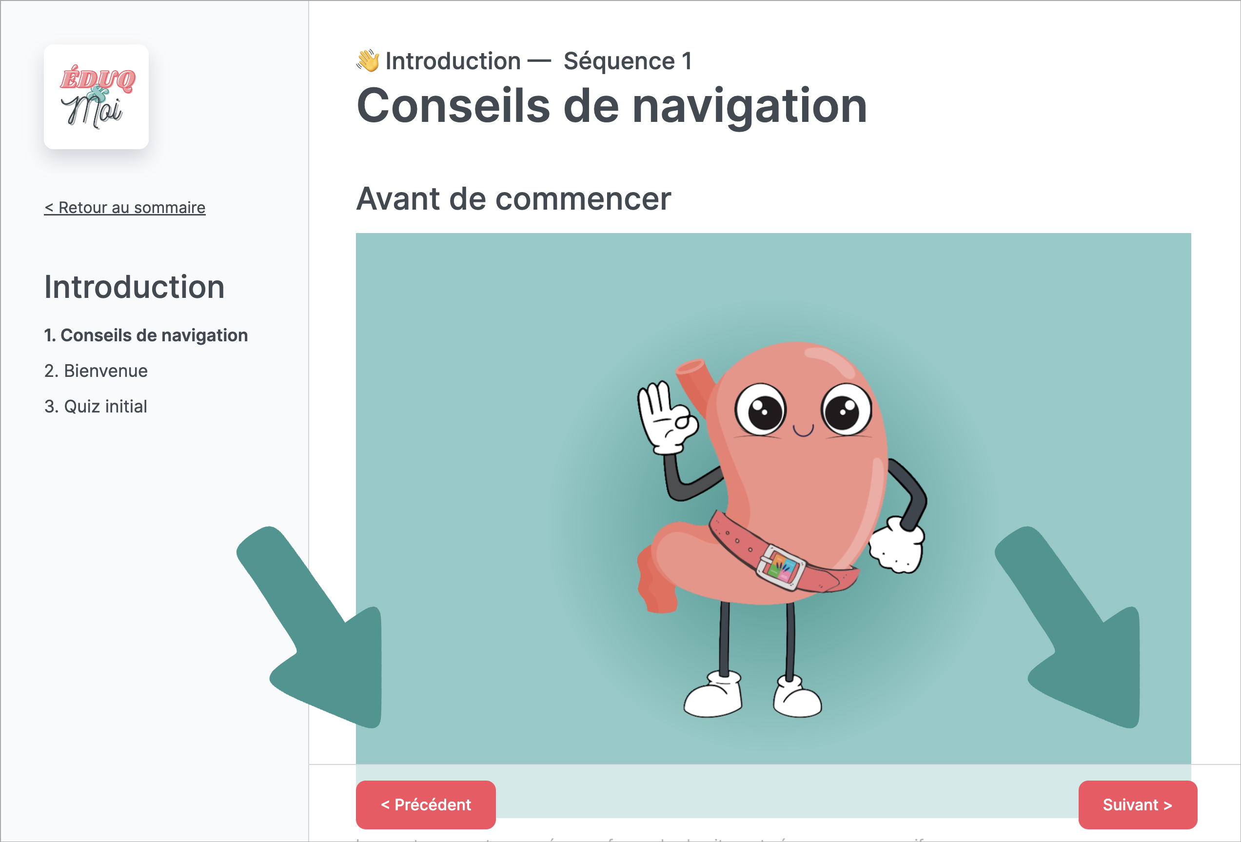 Capture d'écran avec conseils de navigation sur la plateforme Eduq&moi