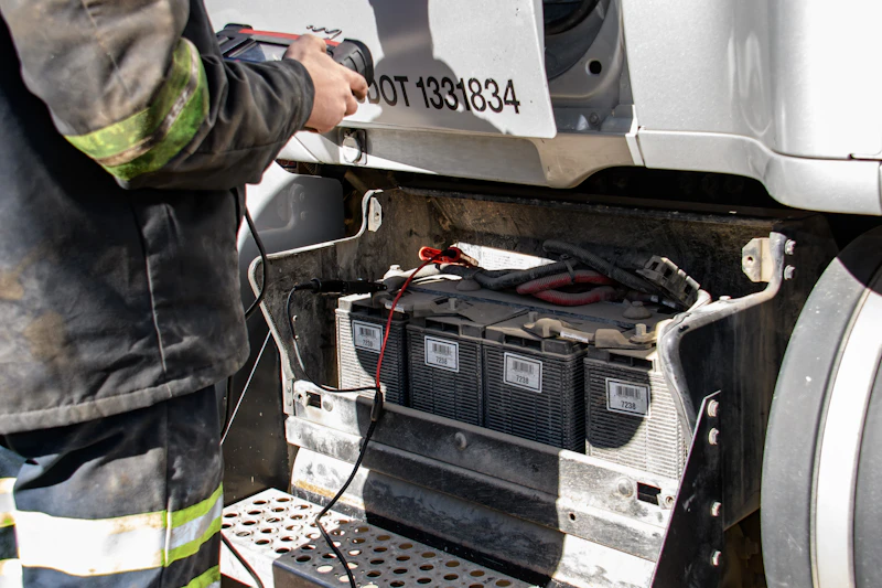 Diesel technician running diagnostics on a truck battery 