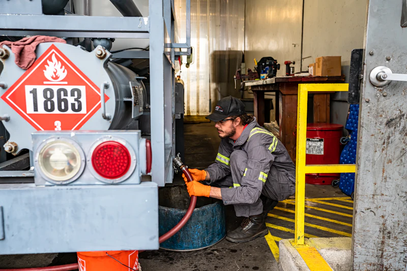 mechanic working on a hazmat tank repairs 