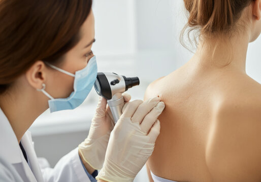 Dermatologist checking mole on back of patient for cancer.