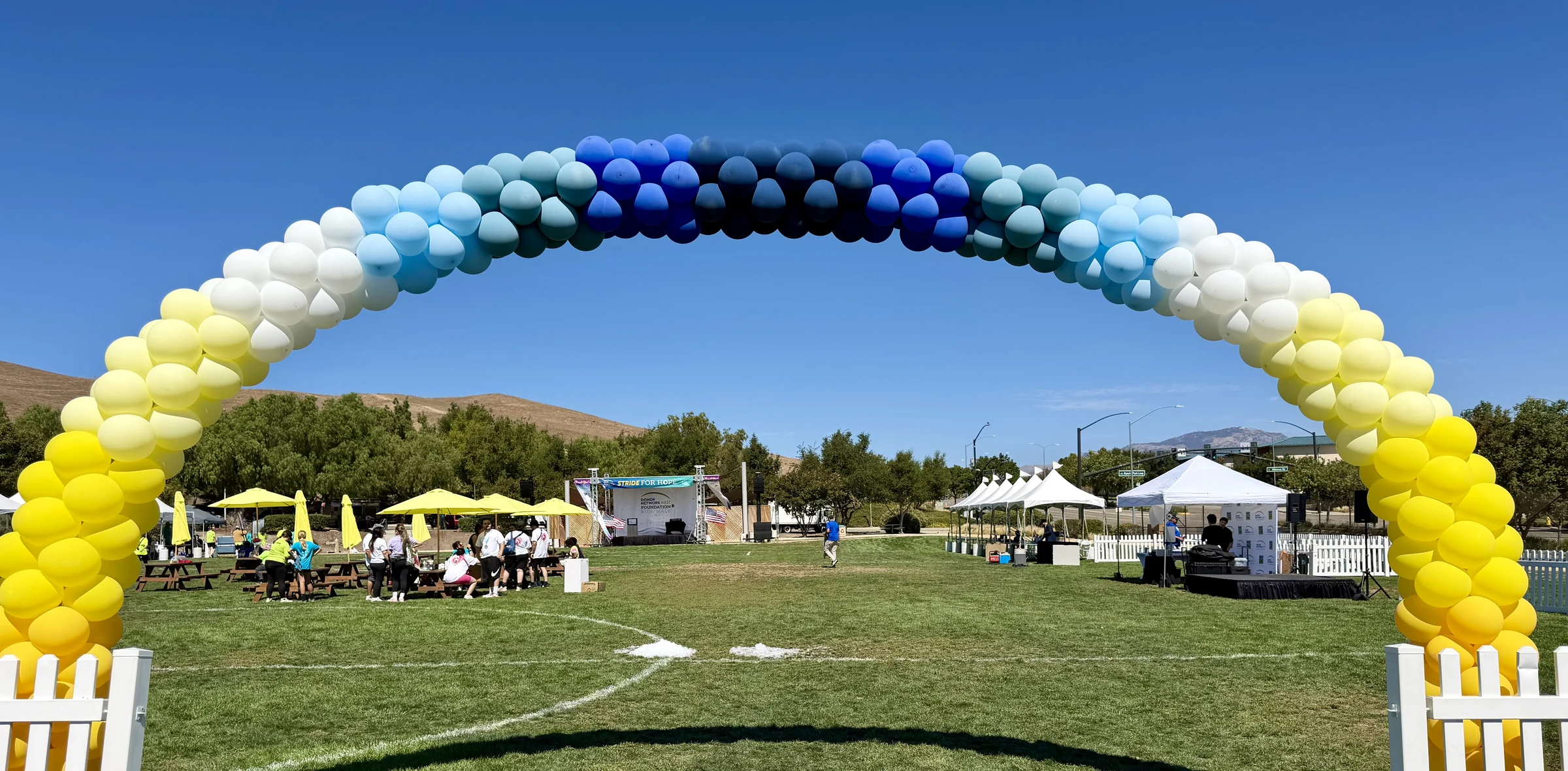 Blue and yellow outdoor event arch by Poptastic Parties