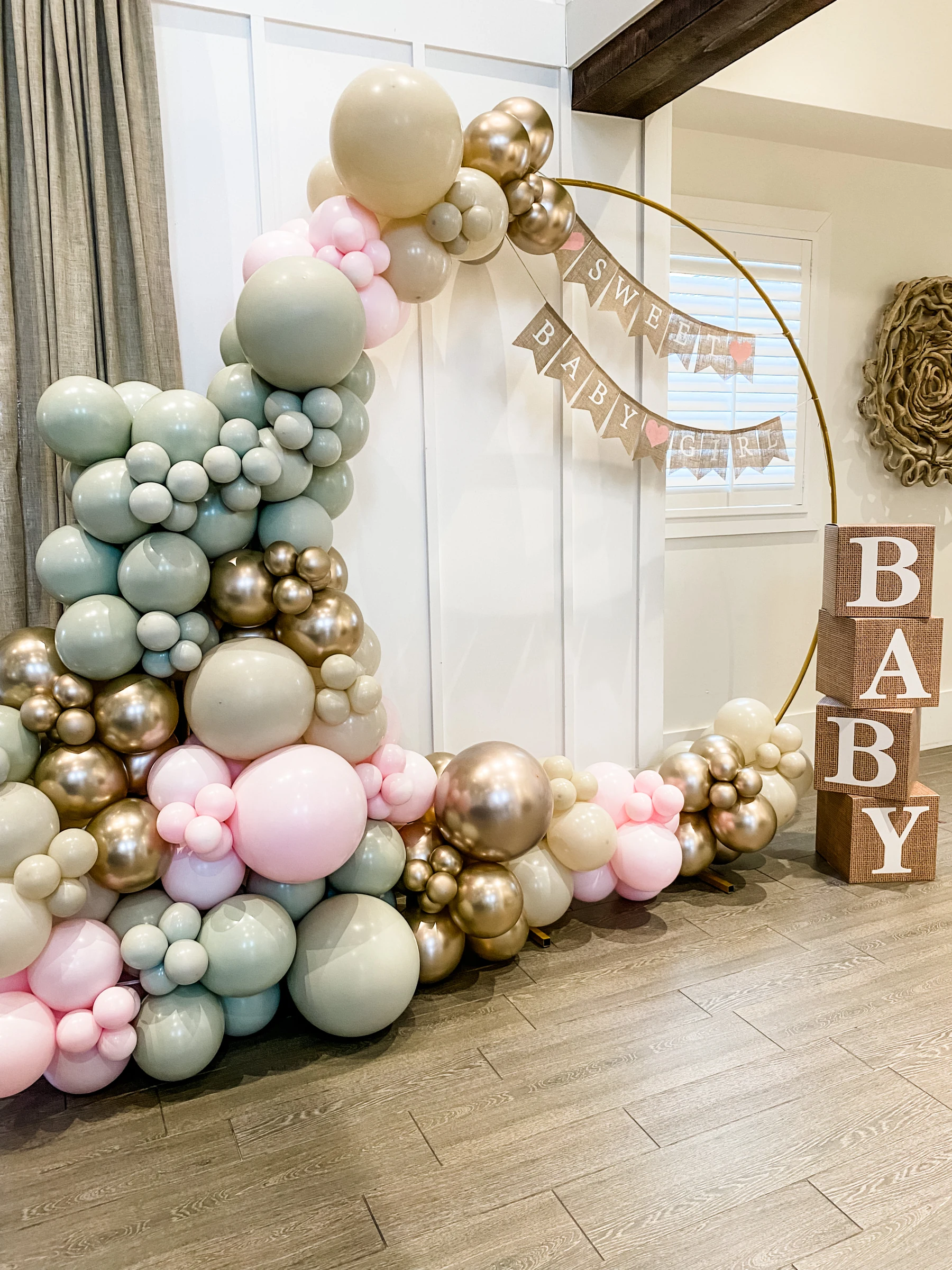 Sage and blush baby-shower hoop by Poptastic Parties
