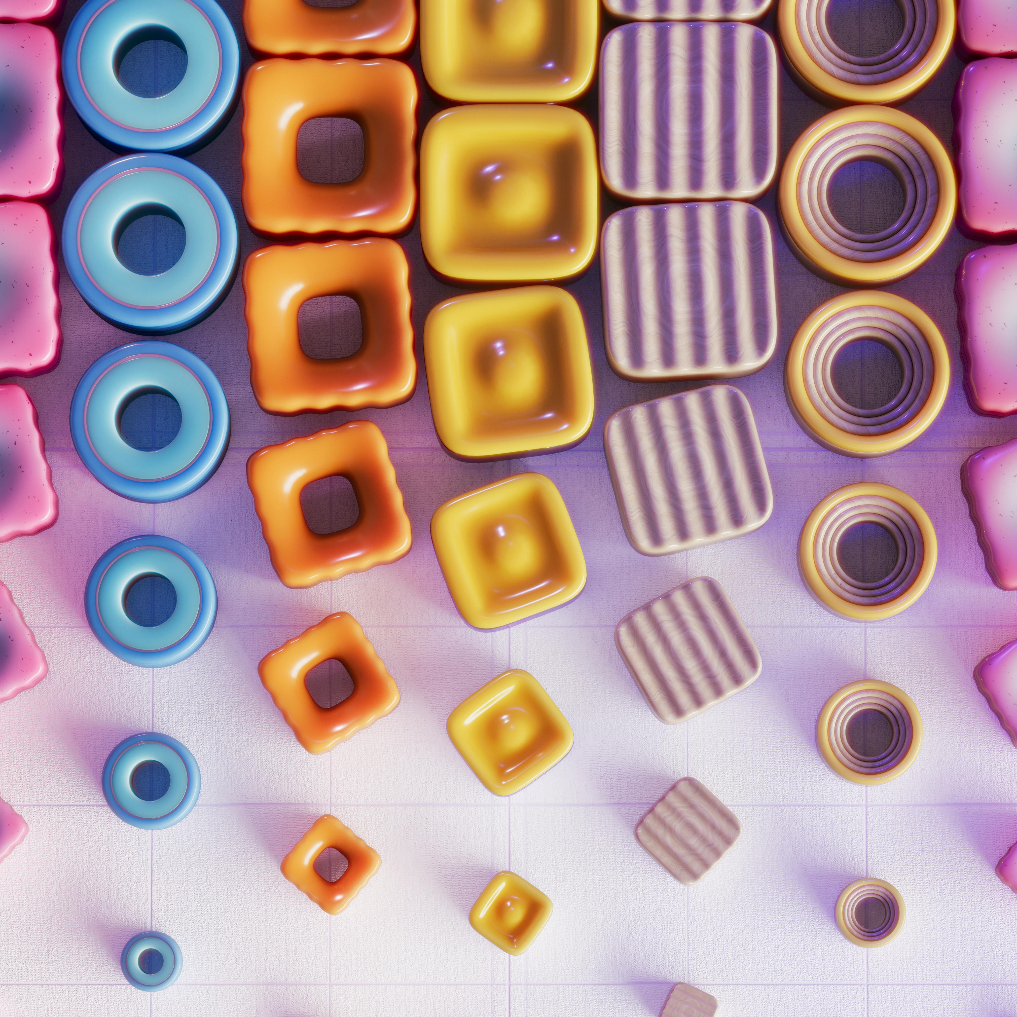 Vibrant 3D render of colorful geometric shapes in a pattern.
