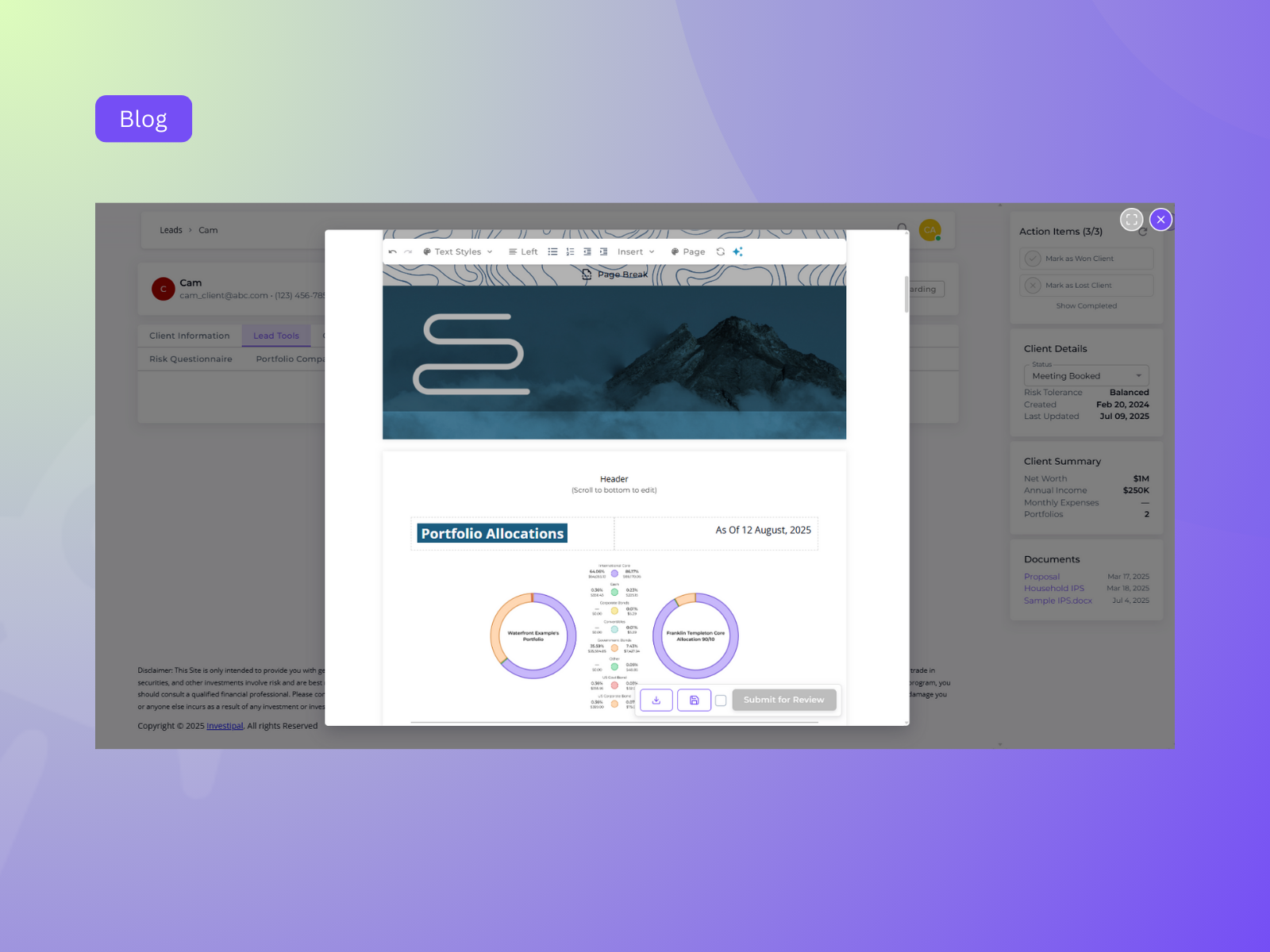 AI-powered investment proposal generation workflow showing automated data analysis and personalized portfolio recommendations