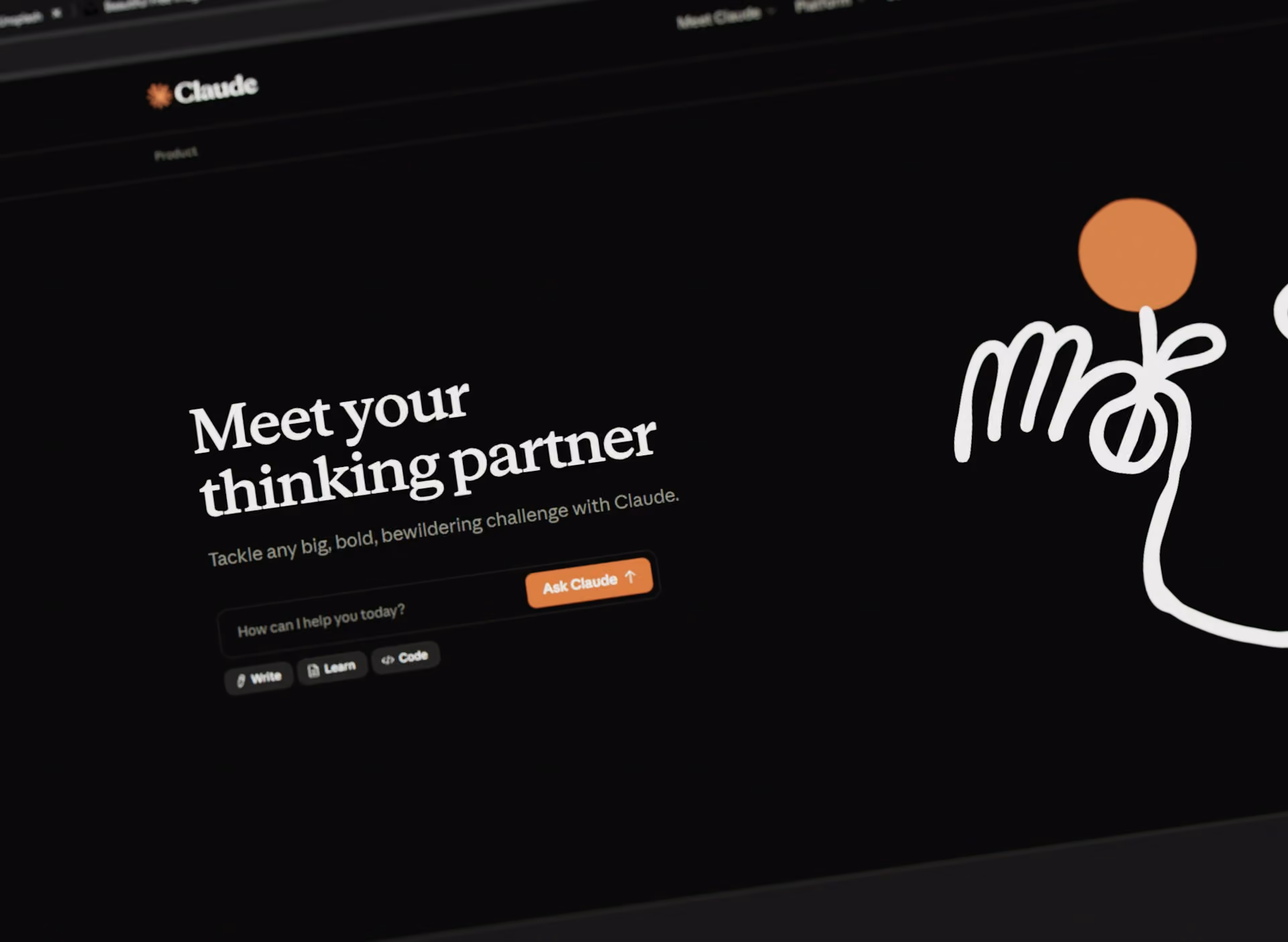 Black webpage with heading 'Meet your thinking partner' and a button labeled 'Ask Claude'.