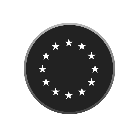 Circular black button with a gray border displaying european union stars