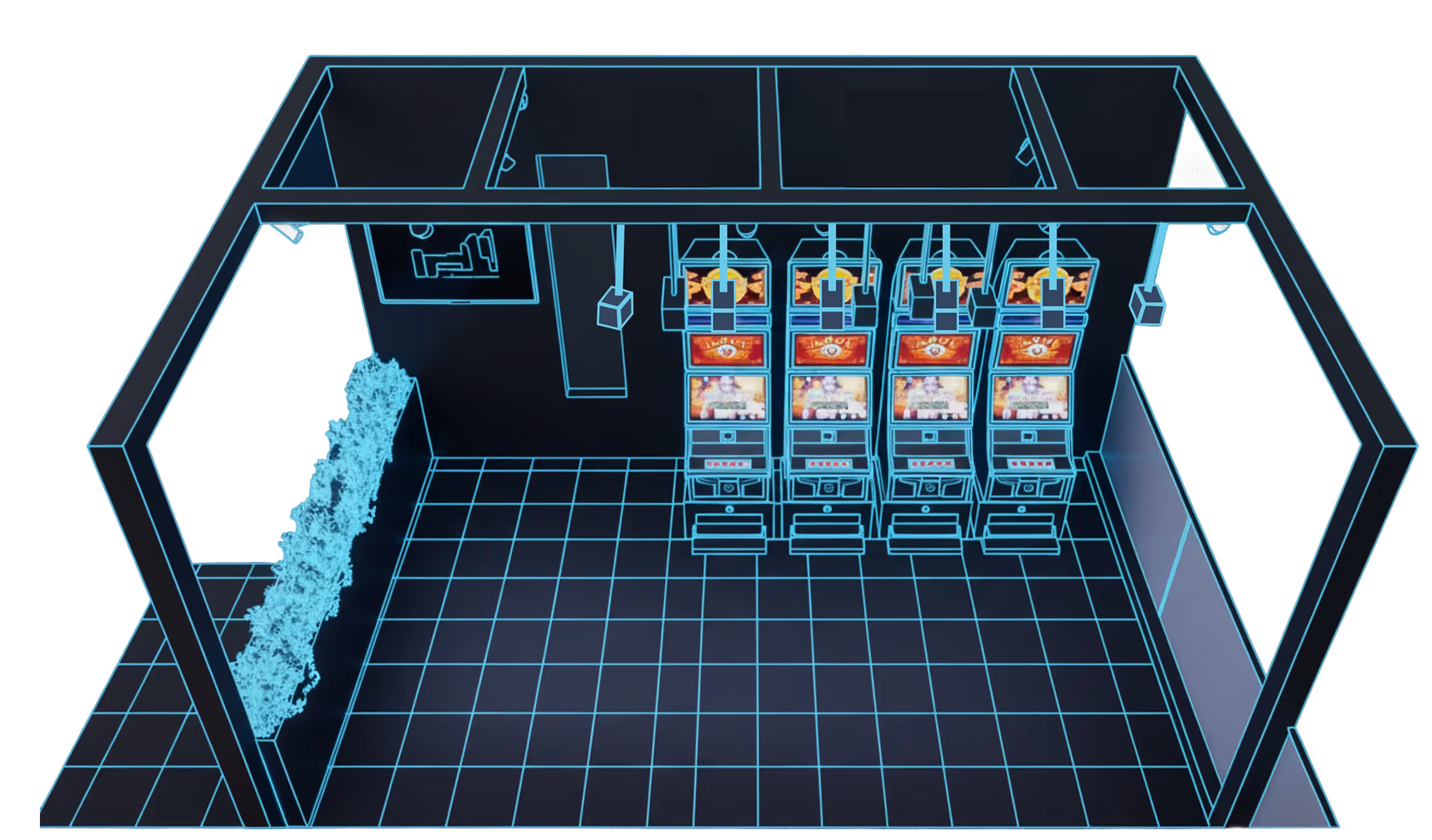 3D digital blueprint of a room containing four slot machines against the far wall and a row of plants on the left side.
