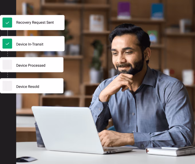 Man looking at a laptop with recovery steps next to him recovery request sent complete, device in-transit complete, device processed to be completed, and device resold to be completed.
