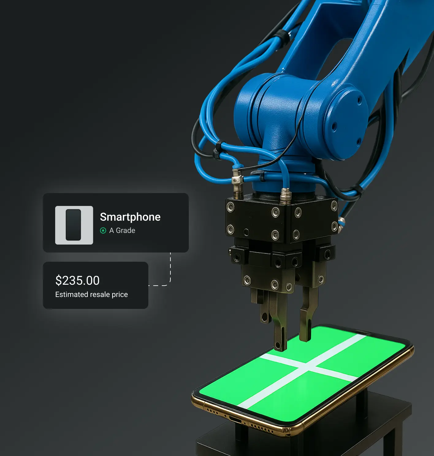 Blue robotic arm hovering over a phone with a testing screen. With a card next to it that reads "Smartphone Grade A" and a connecting card that reads "$235.00 estimated resale price".